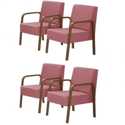 Kit 4 Poltronas 1 Lugar Jade Braço Madeira Rosa