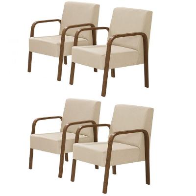 Kit 4 Poltrona Jade 1 Lugar Braço Madeira Suede Bege
