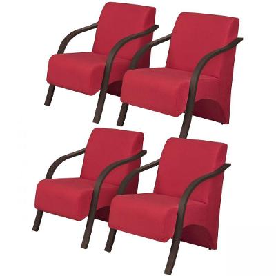 Kit 4 Poltronas Vênus Braço Madeira 1Lugar Vermelho