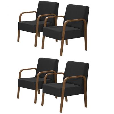 Kit 4 Poltronas 1 Lugar Jade Pé Madeira Suede Preto