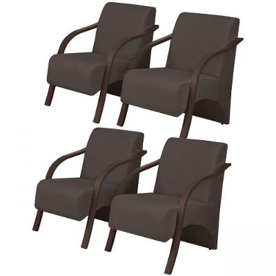Kit 4 Poltronas Vênus 1 Lugar Braço Madeira Marrom