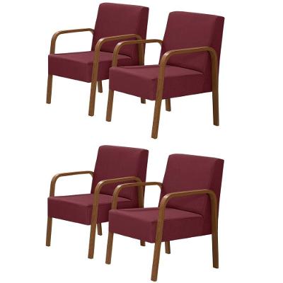 Kit 4 Poltronas 1 Lugar Jade Pé Madeira D Salla Suede Bordô