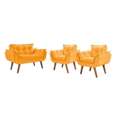 Conjunto Poltrona Pés Palito Opalla Suede Amarelo
