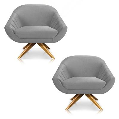 Kit 02 Poltronas Veludo Cinza Base Madeira