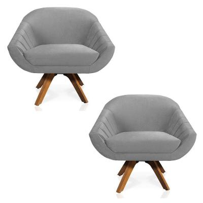 Kit 02 Poltronas Veludo Cinza Base Madeira