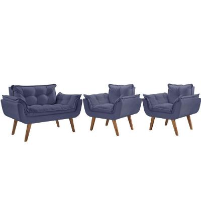 Conjunto Poltronas Opalla Pés Madeira Azul Bic