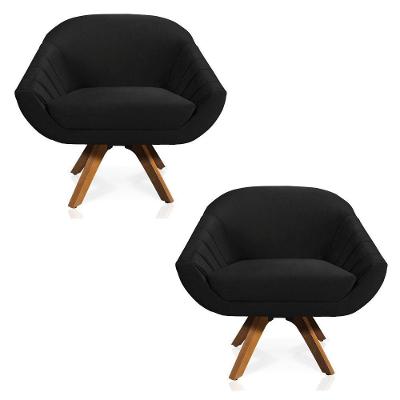 Kit 02 Poltronas Veludo Preto Base Madeira