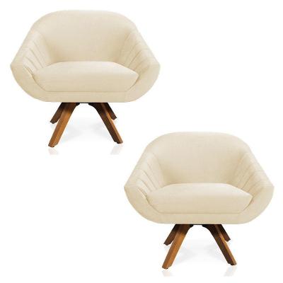 Kit 02 Poltronas Veludo Bege Base Madeira