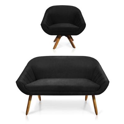 Kit 01 Namoradeira E 01 Poltrona Suede Base Madeira Mm30 Preto