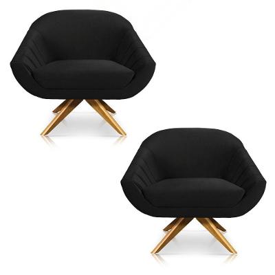 Kit 02 Poltronas Veludo Preto Base Madeira