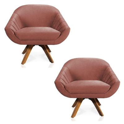 Kit 02 Poltronas Veludo Base Madeira Rose