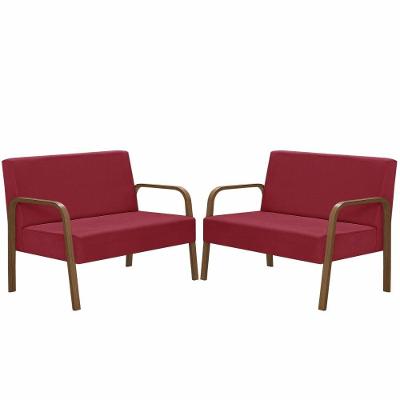 Kit 2 Poltrona 2 Lugares Luna Braço Madeira Vermelho