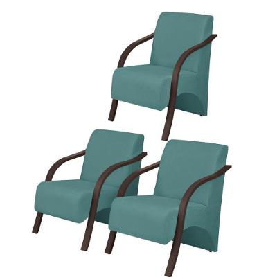 Kit 3 Poltronas Vênus 1 Lugar Pé Madeira Turquesa