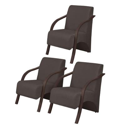Kit 3 Poltronas Vênus 1 Lugar Braço Madeira Marrom
