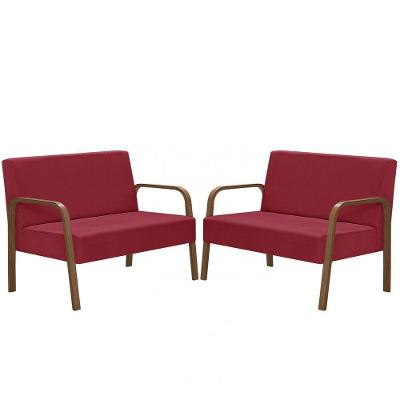 Kit 2 Poltrona 2 Lugares Jade Braço Madeira Vermelho