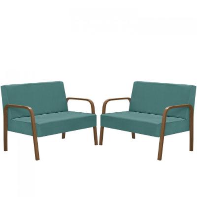 Kit 2 Poltrona 2 Lugares Jade Braço Madeira Turquesa