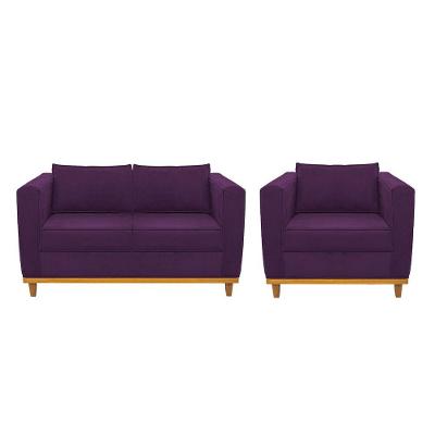 Kit Sofá 2 Lugares Poltrona Europa Suede Roxo