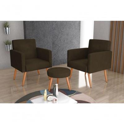 Conjunto 02 Poltronas Decorativas E 1 Puff Dallas - Veludo Turkey Chocolate