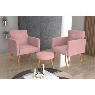 Conjunto 02 Poltronas Decorativas E 1 Puff Dallas - Veludo Turkey Rose
