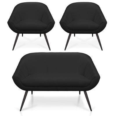 Kit 01 Namoradeira 02 Lugares E 02 Poltronas Giovana Corino Preto Pés Palito De Ferro