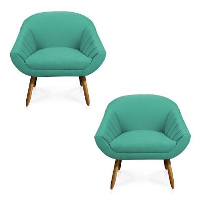 Kit 02 Poltronas Giovana Linho Pés Palito Castanho A115 Azul Pavão