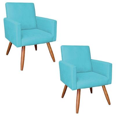 Kit 2 Poltronas Nina Suede Pés Palito Castanho - Pallazio Cor Azul Turquesa