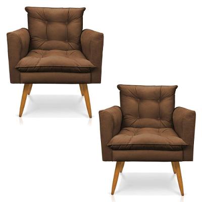 Kit 2 Poltronas Olivia Suede Pés Palito Castanho - Pallazio Cor Marrom