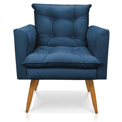 Poltrona Olivia Suede Azul Marinho Pés Palito Castanho - Pallazio