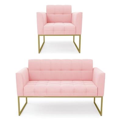Kit 1 Sofá Namoradeira E 1 Poltrona Elisa Suede Rosa Bebê Base Metálica Industrial Dourada - D'rossi