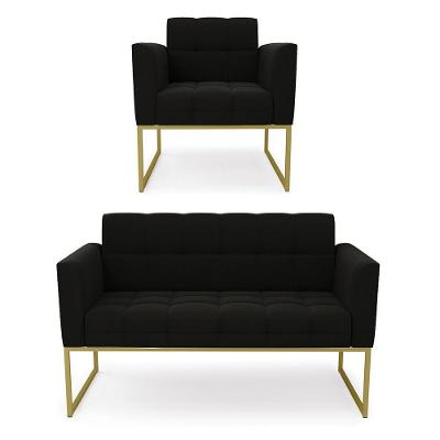 Kit 1 Sofá Namoradeira E 1 Poltrona Elisa Suede Preto Base Metálica Industrial Dourada - D'rossi