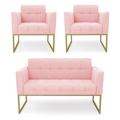 Kit 1 Sofá Namoradeira E 2 Poltronas Elisa Suede Rosa Bebê Base Metálica Industrial Dourada D'rossi