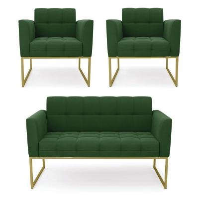 Kit 1 Sofá Namoradeira E 2 Poltronas Elisa Suede Base Metálica Industrial Dourada D'rossi Cor Verde