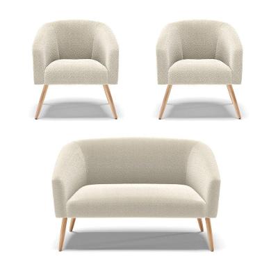 Kit 1 Sofá Namoradeira E 2 Poltronas Stella Bouclê Pés Palito Natural D'rossi Cor Bege