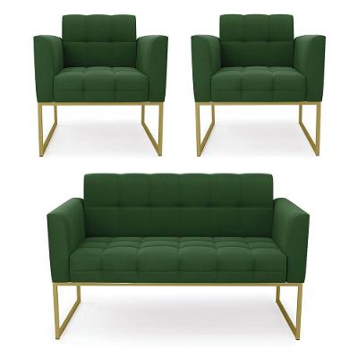 Kit 1 Sofá Namoradeira E 2 Poltronas Elisa Suede Verde Base Metálica Industrial Dourada D'rossi