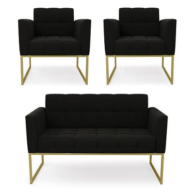 Kit 1 Sofá Namoradeira E 2 Poltronas Elisa Suede Base Metálica Industrial Dourada D'rossi Cor Preto