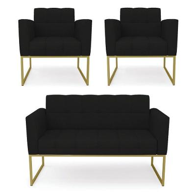 Kit 1 Sofá Namoradeira E 2 Poltronas Elisa Linho Base Metálica Industrial Dourada Cor A79 Preto