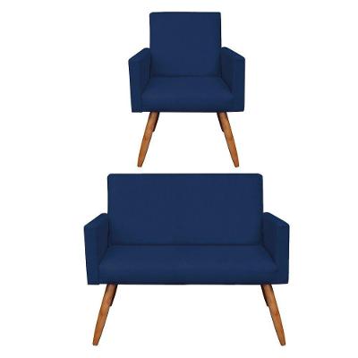 Kit Poltrona e Namoradeira Nina Suede Azul Marinho