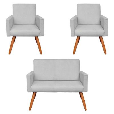 Kit 2 Poltronas e Namoradeira Nina Suede Cinza