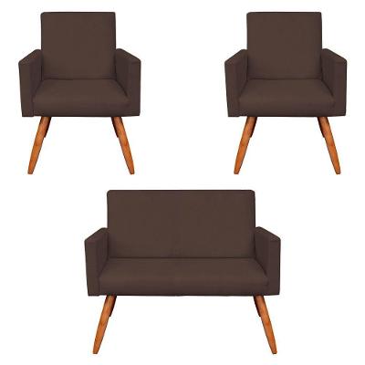 Kit 2 Poltronas e Namoradeira Nina Suede Marrom