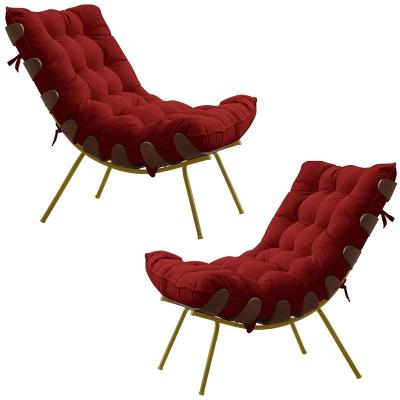 Kit 2 Poltronas Abel Base de Madeira Dourada Veludo Vermelho