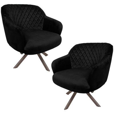 Kit 2 Poltronas Kitana Pés Champagne Giratório Veludo Preto
