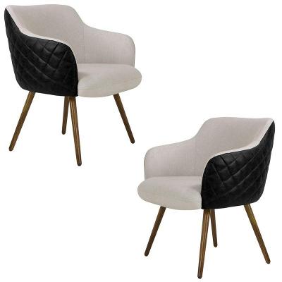 Kit 2 Poltronas Kitana Pés Palito Couro Linho Preto Areia