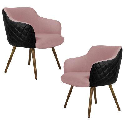 Kit 2 Poltronas Kitana Pés Palito Couro Linho Preto Rosa