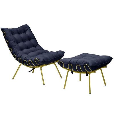 Poltrona e Puff Abel Base de Ferro Dourada Veludo Azul