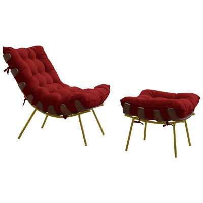 Poltrona e Puff Abel Base de Madeira Dourada Veludo Vermelho