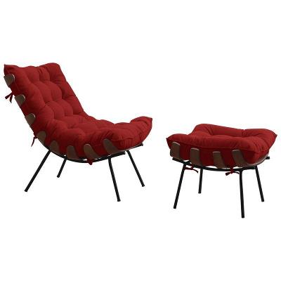 Poltrona e Puff Abel Base de Madeira Preto Veludo Vermelho