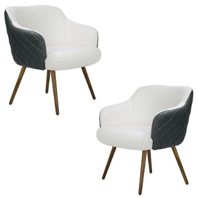 Kit 2 Poltronas Kitana Pés Palito Couro Linho Cinza Branco