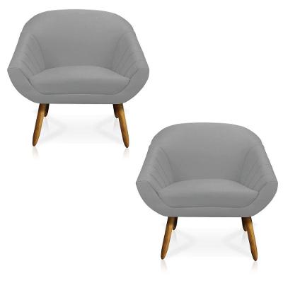 Kit 02 Poltronas Giovana Suede Cinza Pés Palito Castanho
