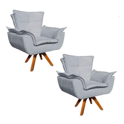 Kit 02 Poltronas Giratória Opala Suede Cinza Base Madeira