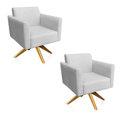 Kit 02 Poltronas Giratória Marisa Suede Cinza Base Madeira